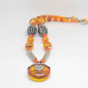 Vintage Faux Amber Coral Bead Necklace: Handmade Bohemian Tribal Pendant