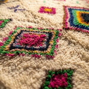 Amazigh Handmade Beni Ourain Wool Rug, Rainbow Diamond Shag Carpet, Boho Eclectic Ivory Pink Green