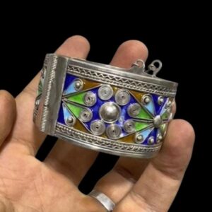 Vintage Berber Sterling Silver Cuff Bracelet: Ethnic Tribal Handcrafted Kabyle Enamel Silver Jewelry