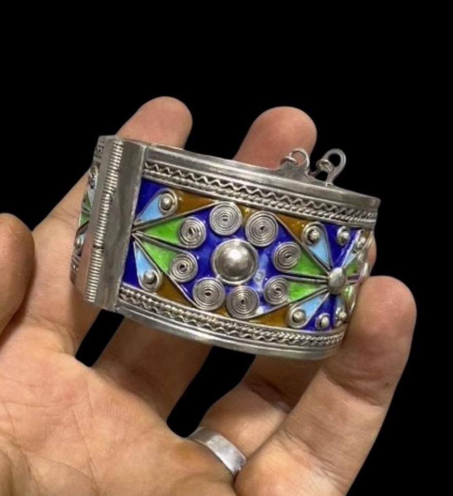 Vintage Berber Sterling Silver Cuff Bracelet: Ethnic Tribal Handcrafted Kabyle Enamel Silver Jewelry