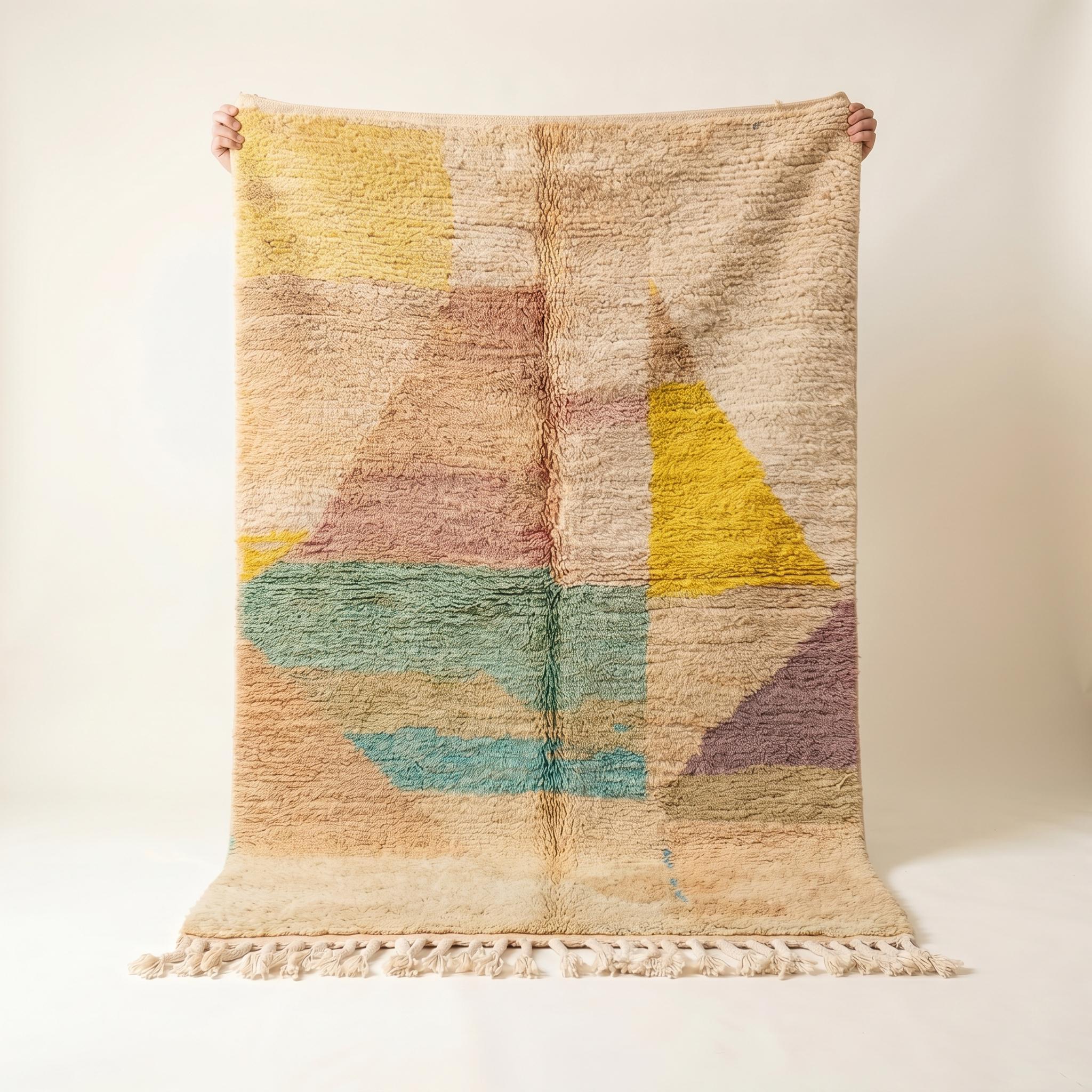 Boujaad Rug - Ivory Yellow Teal Pastel Wool Rug - Handmade Abstract Color Block Rug - One of a Kind Boho Berber Carpet