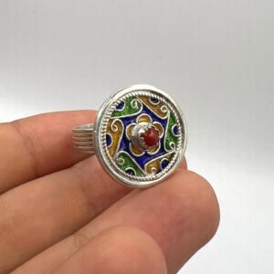 Kabyle Berber Ring: Sterling Silver, Enamel Coral - Handmade Adjustable Ring Size 10.5 US / 63.5 FR