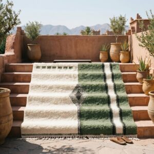 Amazigh Olive Green Beni Ourain Rug, Split Field Wool Carpet, Handmade Shag Diamond Living Room