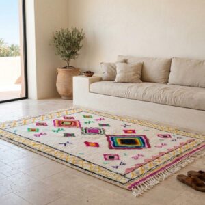 Amazigh Handmade Beni Ourain Wool Rug, Rainbow Diamond Shag Carpet, Boho Eclectic Ivory Pink Green