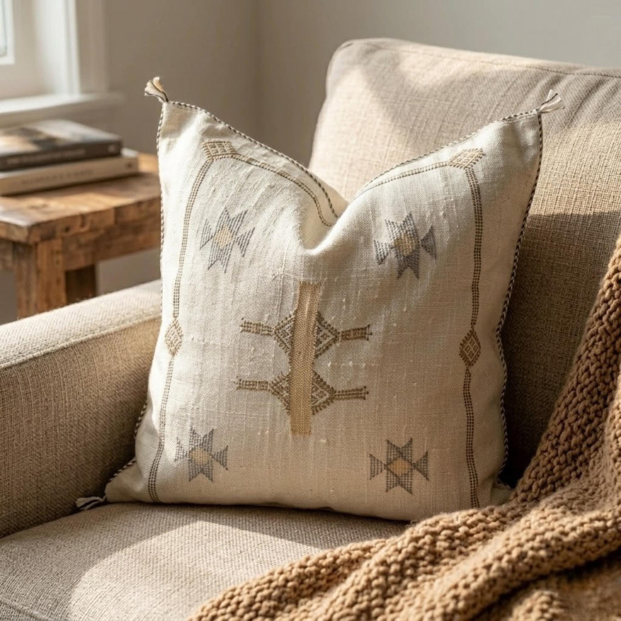 Berber Beige Cactus Silk Handmade Sabra Cushion Pillow
