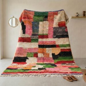 Tribal Wool Rug Multicolor - Handwoven Boujaad Berber Carpet, Pink Green Color Block Boho Custom Living Room Area Rug