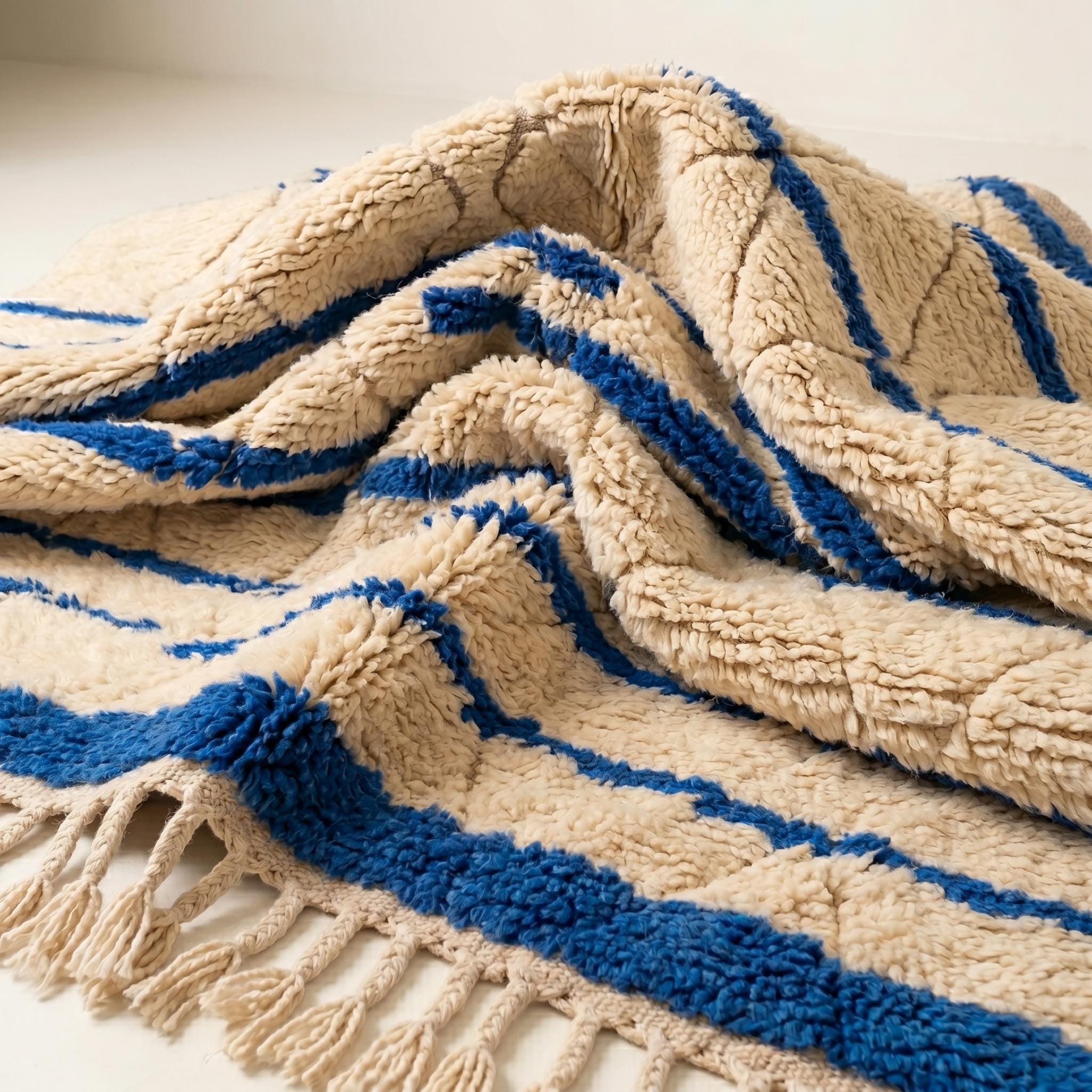 Beni Ourain Rug - Ivory Blue Wool Rug - Handmade Diamond Stripe Rug - Coastal Area Rug - Berber Carpet - Multiple Sizes