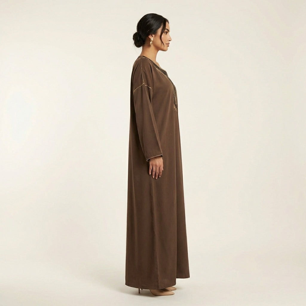 Gandoura Dress - Chocolate Embroidered Arabesque Style
