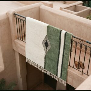 Amazigh Olive Green Beni Ourain Rug, Split Field Wool Carpet, Handmade Shag Diamond Living Room