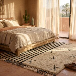 Handwoven Beni Ourain Rug, Black White Stripes, Asymmetric Berber Carpet, Boho Living Room