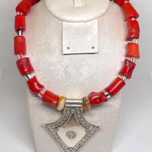 Antique Berber Coral Necklace: Sterling Silver Tuareg Tibetan Pendant, Jewelry