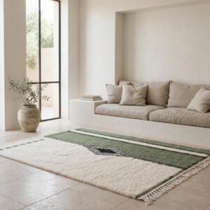 Amazigh Olive Green Beni Ourain Rug, Split Field Wool Carpet, Handmade Shag Diamond Living Room