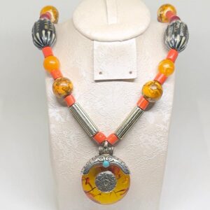 Vintage Faux Amber Coral Bead Necklace: Handmade Bohemian Tribal Pendant