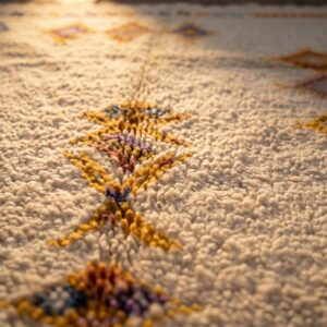 Handmade Beni Ourain Amazigh Rug, Ivory Wool Shag, Saffron Purple Amber Totem Carpet