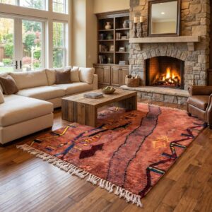 Berber Terracotta Rug, Abstract Tribal Wool Area Rug, Rust Red Boujaad Carpet, Hand Knotted Earthy Custom Boho Area Rug