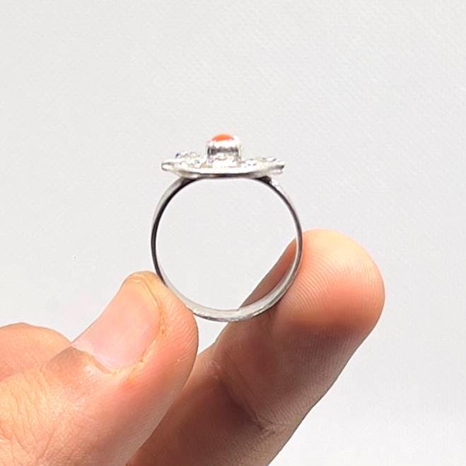 Amazigh Hamsa Hand Sterling Silver Ring: Red Coral Enamel, Tribal Jewelry