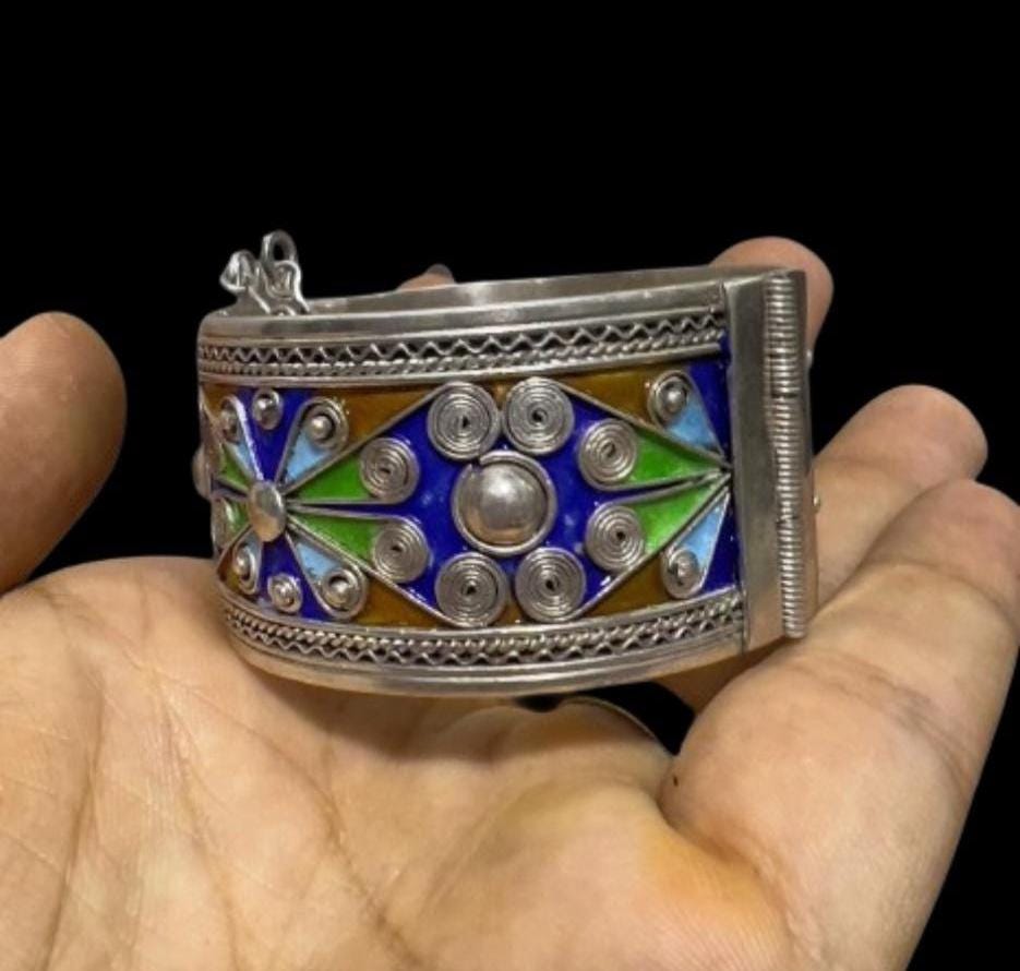 Vintage Berber Sterling Silver Cuff Bracelet: Ethnic Tribal Handcrafted Kabyle Enamel Silver Jewelry