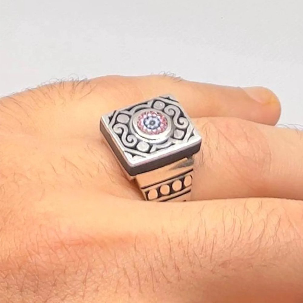 Handmade Sterling Silver Tuareg Ring: Vintage Berber Chevron Bead