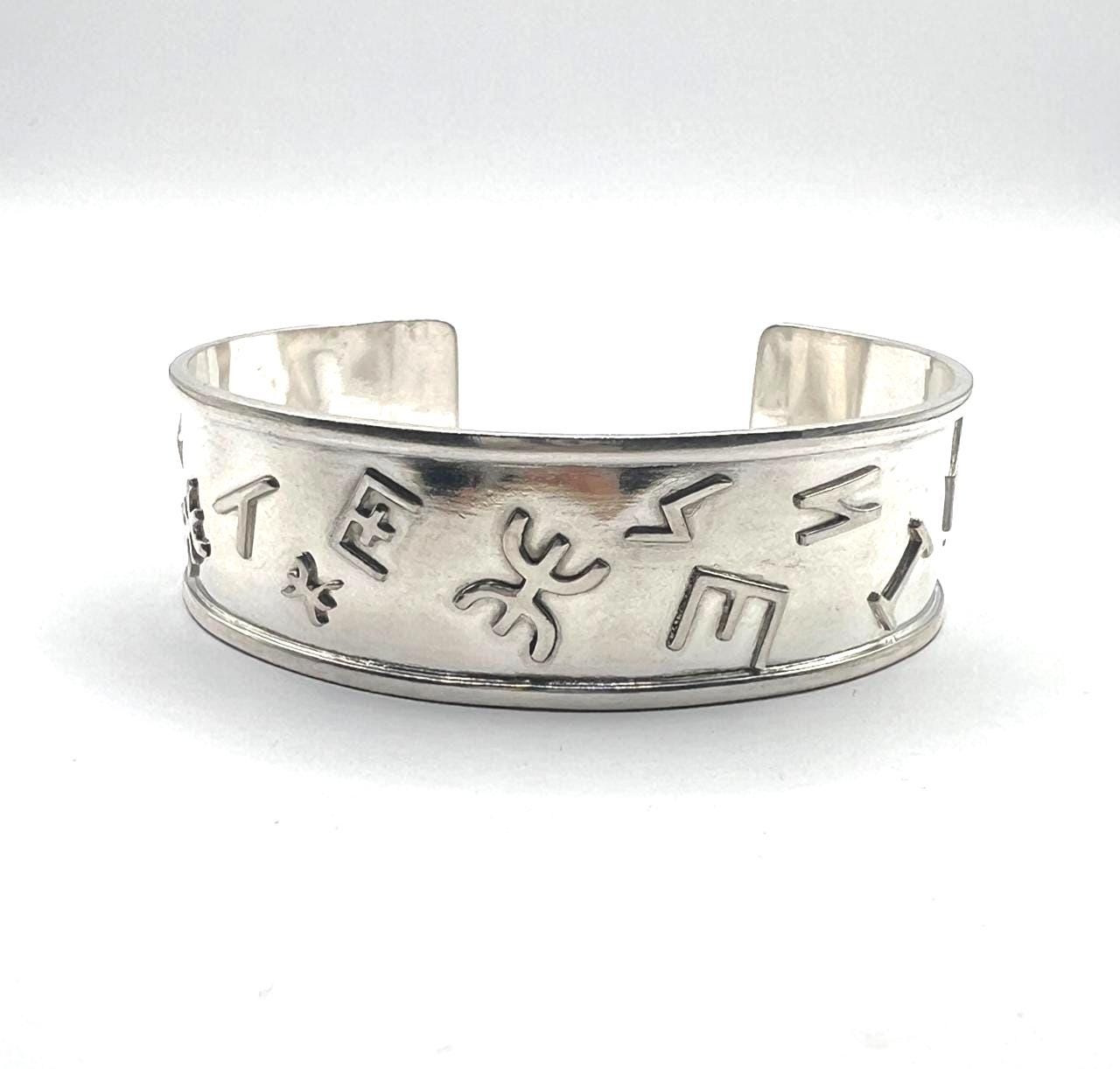 Sterling Silver Yaz Tifinagh Bangle Bracelet: Amazigh Tribal Cuff