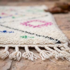 Hand-knotted Ivory Beni Ourain Wool Rug, Colorful Berber Symbols, Plush Shag Carpet