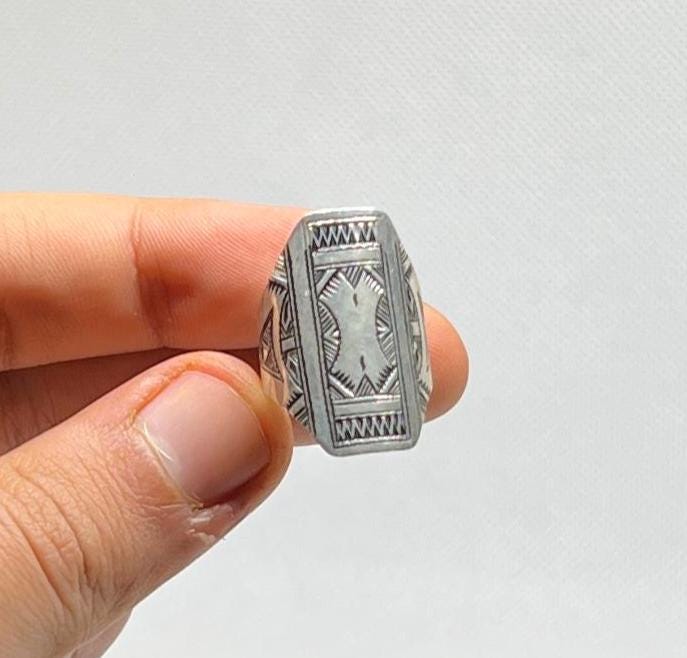 Handmade Berber Sterling Silver Ring: Engraved Boho Tribal Jewelry, Size 8
