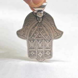 Antique Amazigh Engraved Silver Hamsa Pendant: Old Judaica Hand of Fatima Pendant Necklace