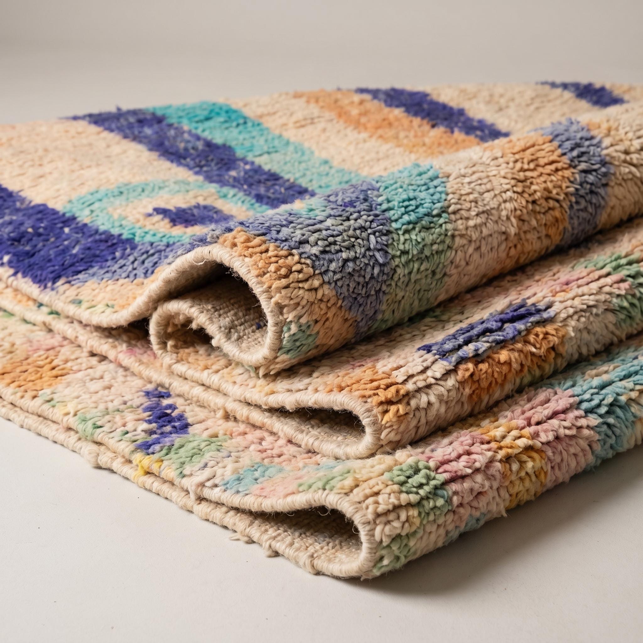 Boujaad Rug 8x5 ft - Ivory Indigo Pastel Wool Rug - One of a Kind Art Rug - Rare Collector Berber Carpet - Abstract Boho Rug
