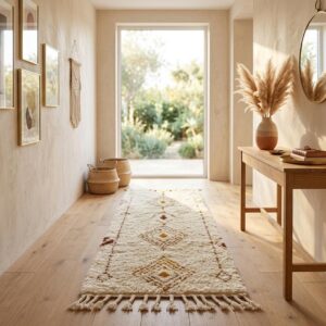 Beni Ourain Runner Rug, Berber Hallway Carpet, Cream and Brown Tribal Shag, Modern Minimalist Entryway Decor, Custom Size