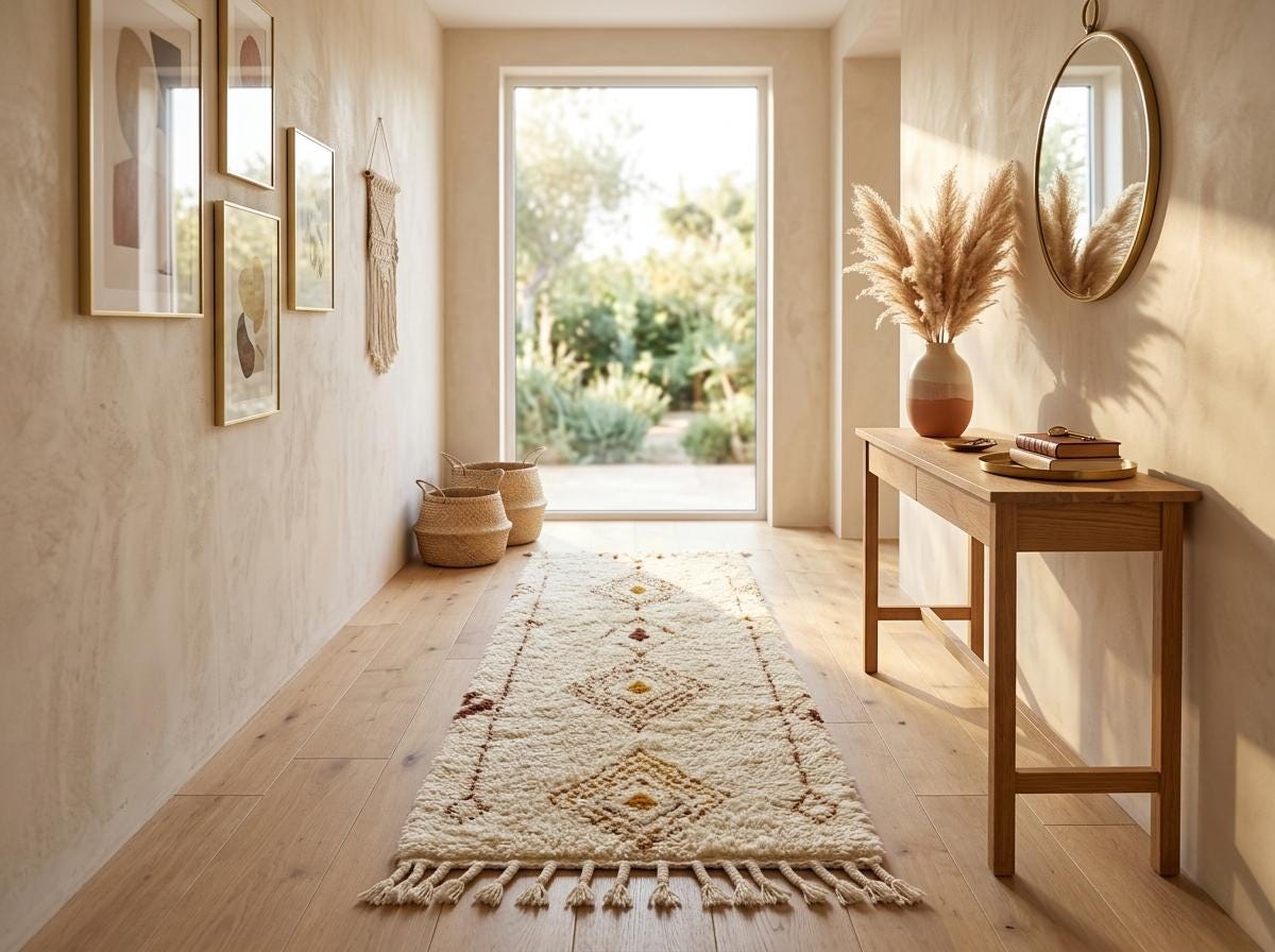 Beni Ourain Runner Rug, Berber Hallway Carpet, Cream and Brown Tribal Shag, Modern Minimalist Entryway Decor, Custom Size