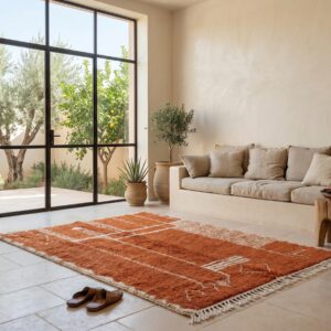 Terracotta Beni Ourain Berber Carpet, Abstract Shag Wool Rug, Desert Modern Living Room