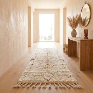 Beni Ourain Runner Rug, Berber Hallway Carpet, Cream and Brown Tribal Shag, Modern Minimalist Entryway Decor, Custom Size