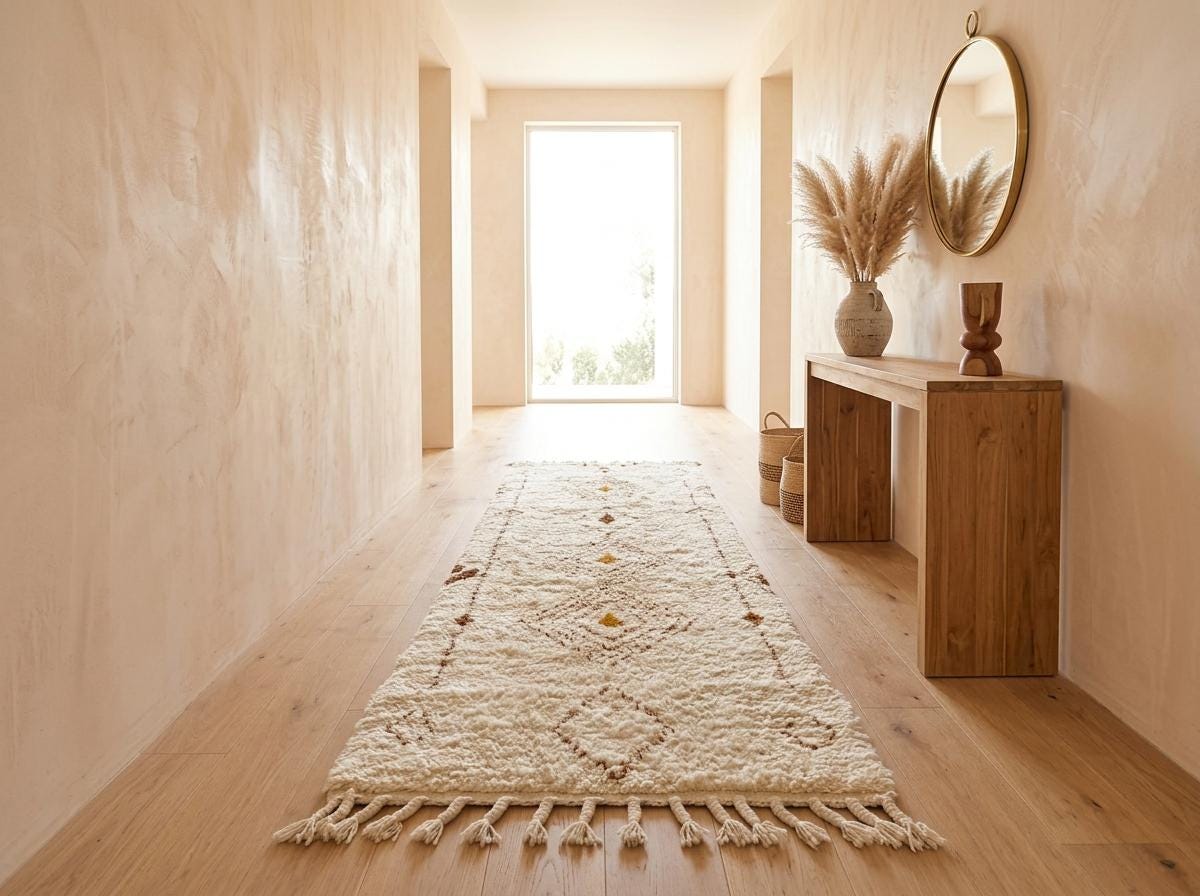 Beni Ourain Runner Rug, Berber Hallway Carpet, Cream and Brown Tribal Shag, Modern Minimalist Entryway Decor, Custom Size
