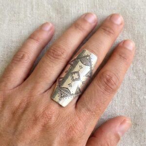 Handmade Engraved Tuareg Long BohoTribal Sterling Silver Berber Ring: Size 7 US
