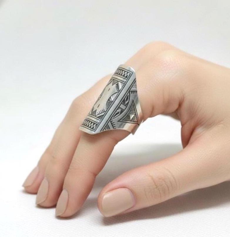 Handmade Berber Sterling Silver Ring: Engraved Boho Tribal Jewelry, Size 8