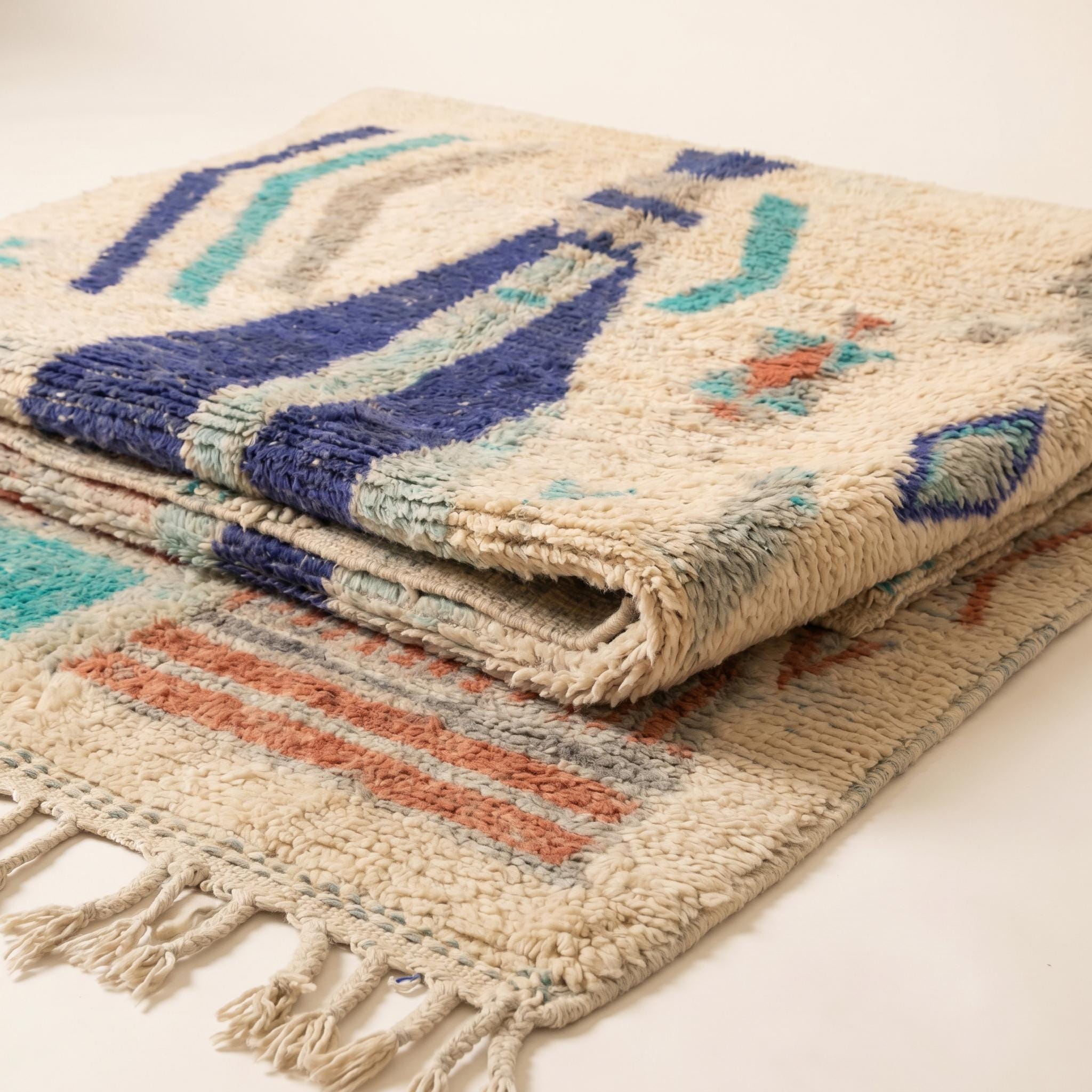 Boujaad Rug 8x5 ft - Ivory Blue Teal Wool Rug - One of a Kind Art Rug - Rare Abstract Berber Carpet - Collector Boho Rug