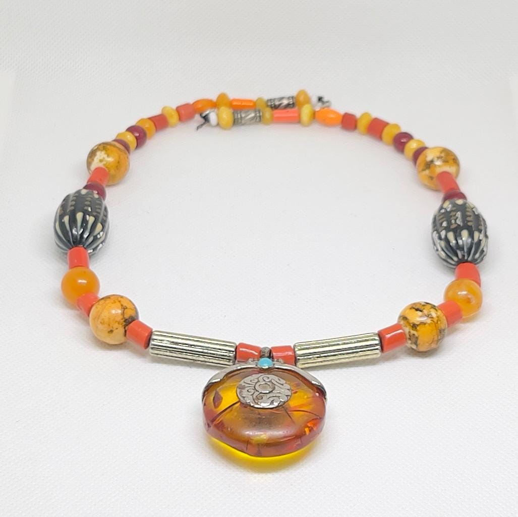 Vintage Faux Amber Coral Bead Necklace: Handmade Bohemian Tribal Pendant