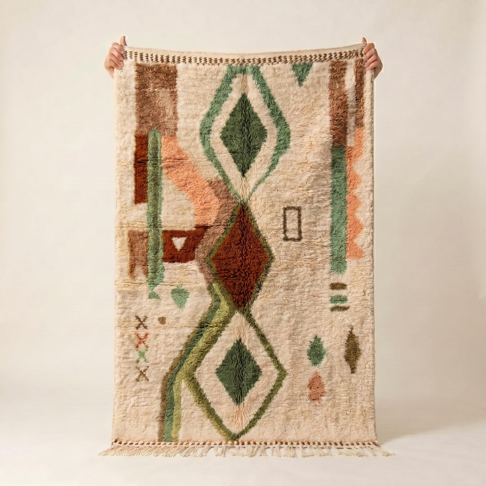 Azilal Rug - Ivory Sage Green Terracotta Wool Rug - Handmade Diamond Tribal Rug - Boho Area Rug - Berber Carpet - Multiple Sizes