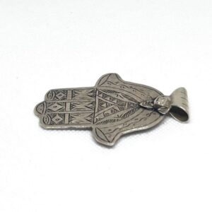 Antique Amazigh Engraved Silver Hamsa Pendant: Old Judaica Hand of Fatima Pendant Necklace