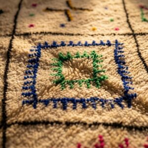 Hand-knotted Ivory Beni Ourain Wool Rug, Colorful Berber Symbols, Plush Shag Carpet