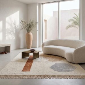 Berber Authentic Beni Ourain Rug, Abstract Rust Beige Wool Carpet, Plush Shag Living Room Decor