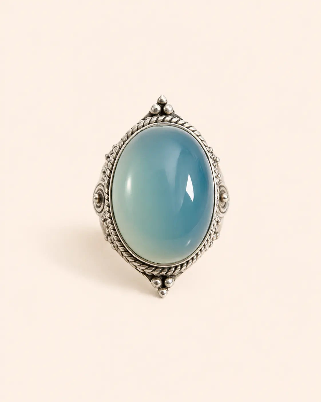 Amazigh Silver River Stone Ring – Berber Blue Chalcedony Statement Design