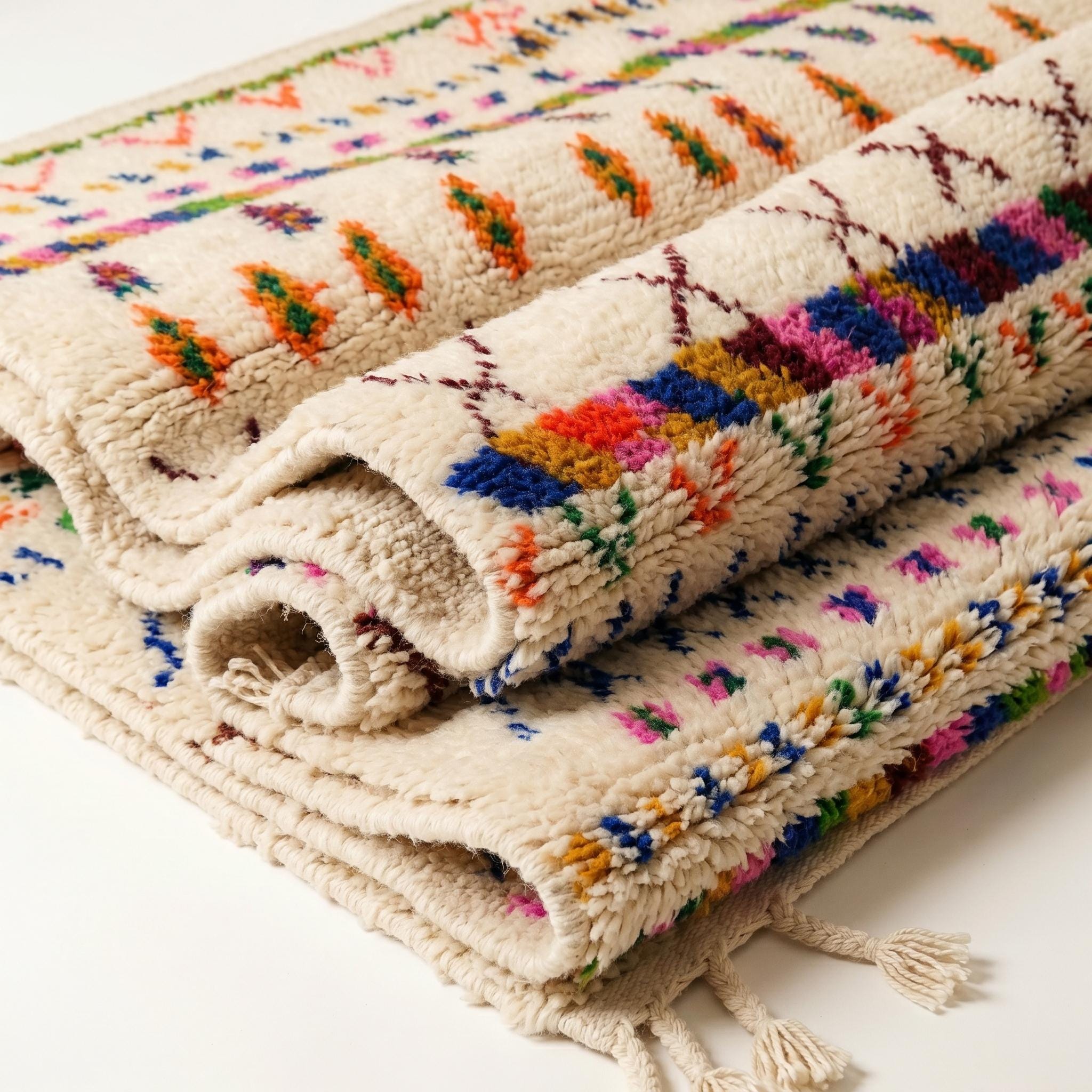 Azilal Rug - Ivory Multicolor Tribal Wool Rug - Handmade Stripe Symbol Rug - Colorful Area Rug - Berber Carpet - Multiple Sizes