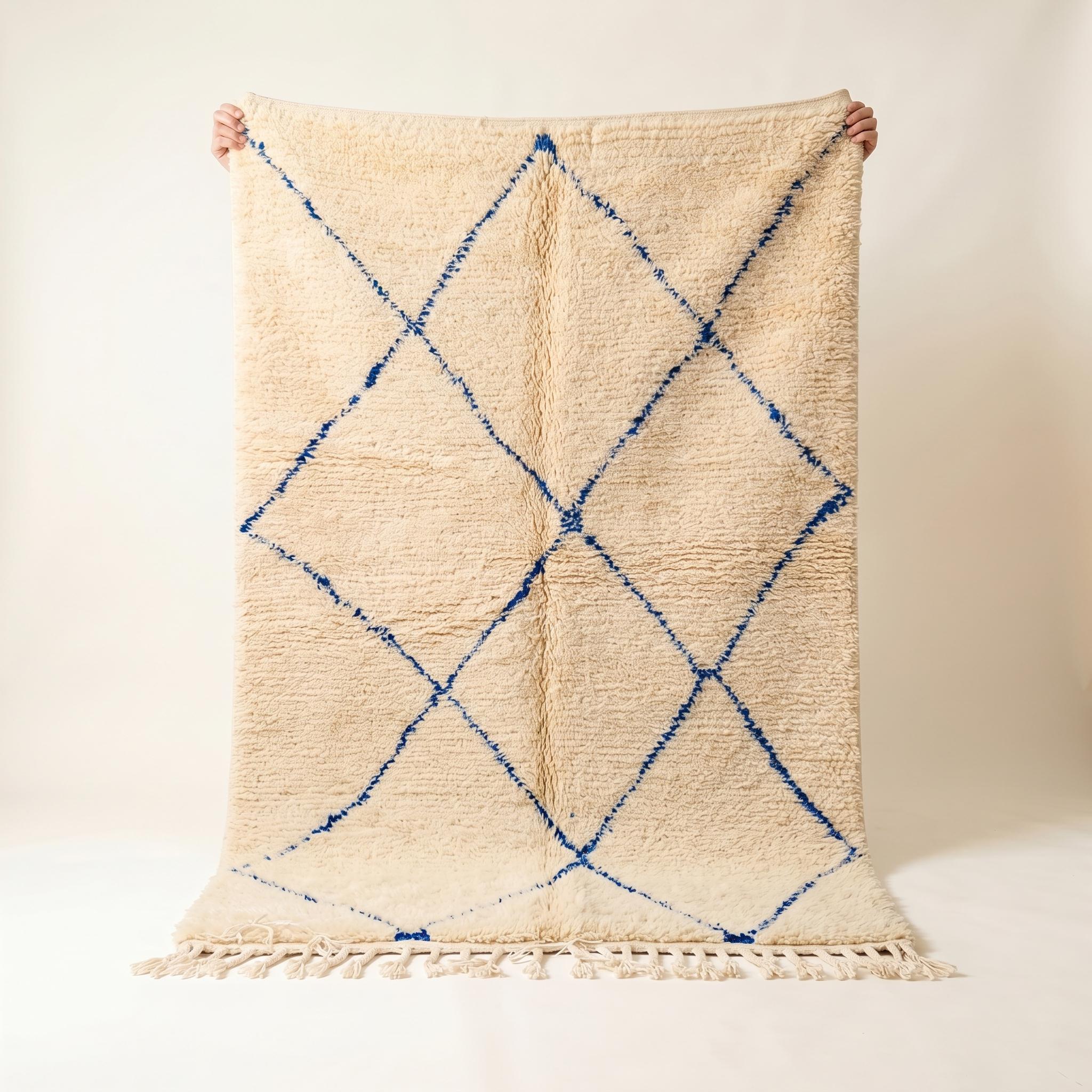 Beni Ourain Rug - Ivory Royal Blue Wool Rug - Handmade Diamond Rug - Coastal Area Rug - Berber Carpet - Multiple Sizes