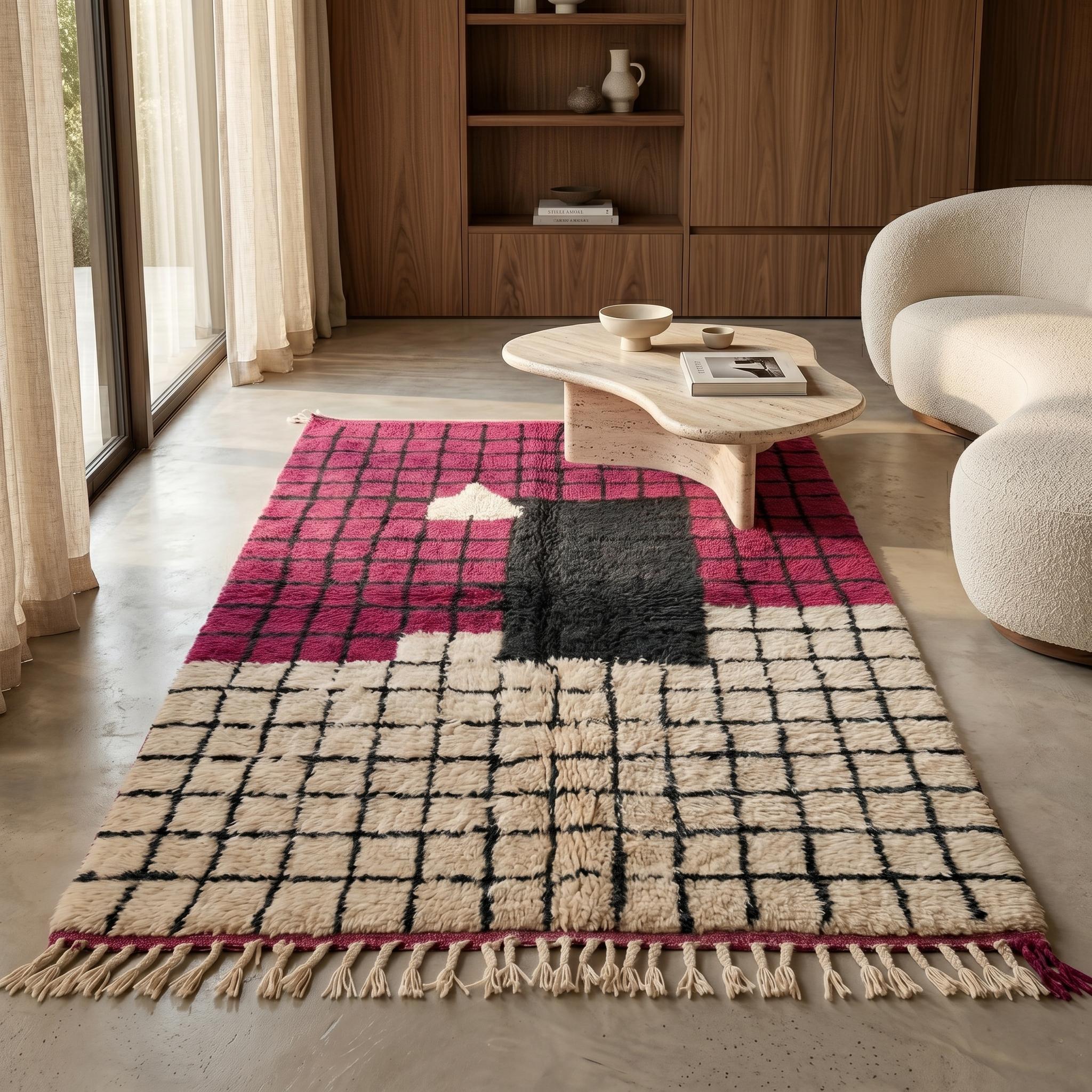 Boujaad Rug - Fuchsia Pink Ivory Wool Rug - Handmade Grid Abstract Art Rug - Bold Area Rug - Berber Carpet - Multiple Sizes