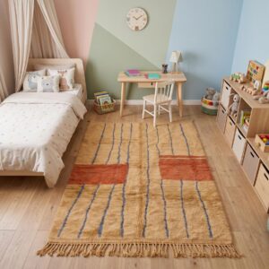 Terracotta Color Block Berber Rug - Camel & Blue Stripe Wool Shag, Handwoven Beni ourain Living Room Rug