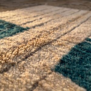 Ivory & Teal Beni Ourain Rug - Handwoven Wool Shag, Color Block Berber Carpet, Modern Boho Living Room Area Rug