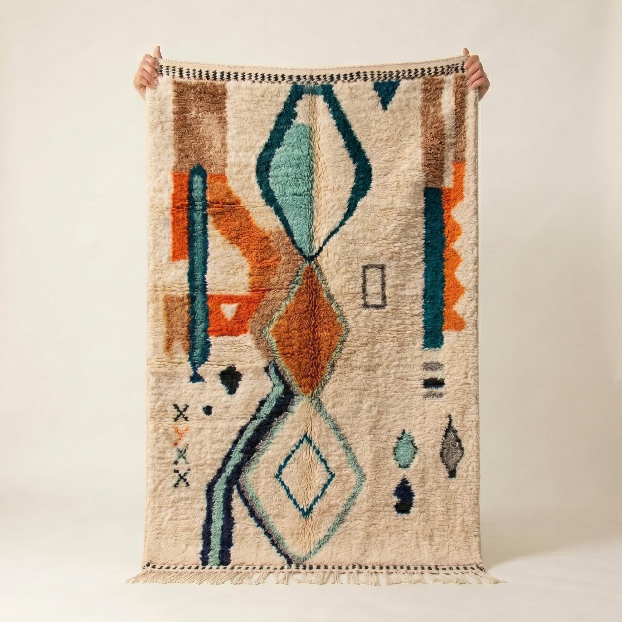 Azilal Rug - Multicolor Ivory Wool Rug - Handmade Tribal Rug - Colorful Boho Area Rug - Berber Carpet - Multiple Sizes