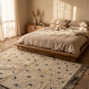 Hand-knotted Beni Ourain Wool Rug, Cream Berber Symbols, Boho Bedroom Decor