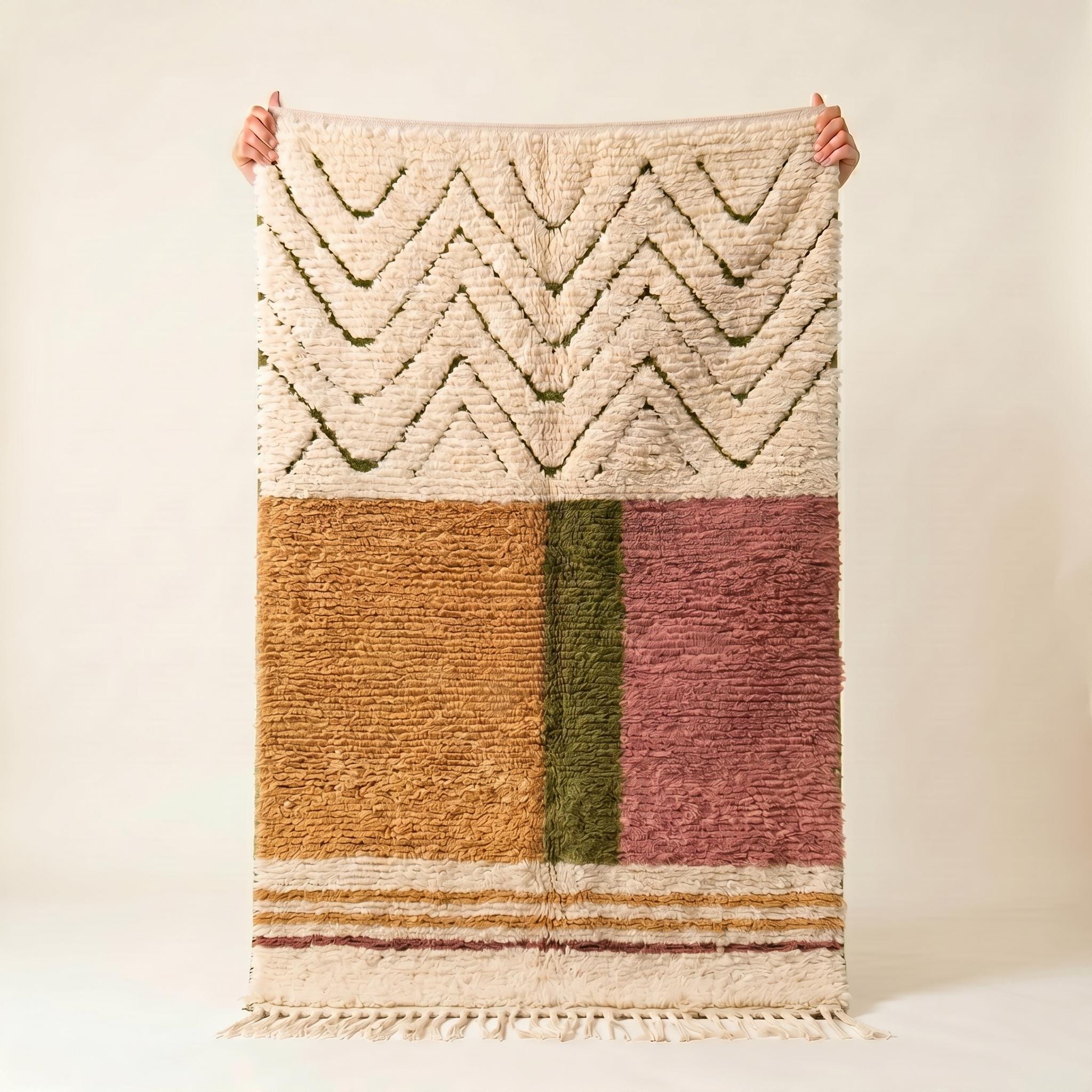 Boujaad Rug - Ivory Mustard Pink Wool Rug - Handmade Chevron Color Block Rug - Boho Area Rug - Berber Carpet - Multiple Sizes