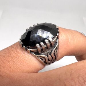 Vintage Biker Sterling Silver Ring: Black Onyx Oval Stone, Handmade Amazigh Design